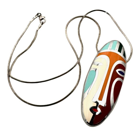 Rare Menegatti Italy Sterling Silver Enamel Mask Pendant Necklace - Picture 2 of 5